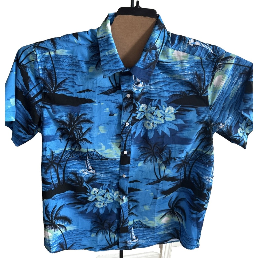 Euow Hawaiian Men's Size XL Shirt Short Sleeve Blue Palms Sailboats Tropics
